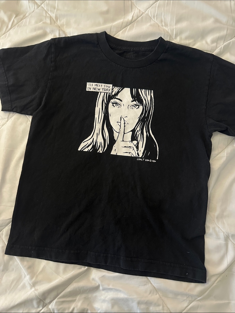 J GALT  Black Graphic Tee with White Comic Illustration